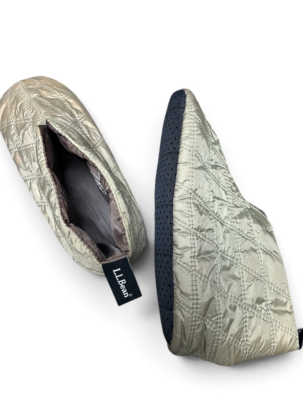 L.L. Bean Quilted Slip-On Loafers in Light Sage and Black